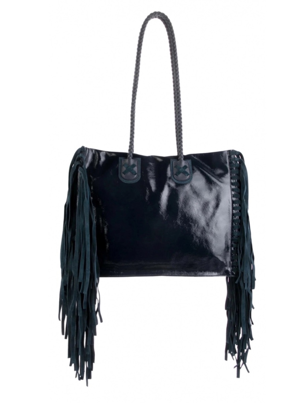 Tamara Mellon Teal Blue Boho Patent Leather Suede Fringe Tote Bag